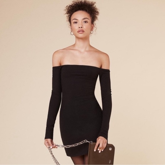 REFORMATION Black Ribbed Off The Shoulder Date Mini Dress - Picture 1 of 8